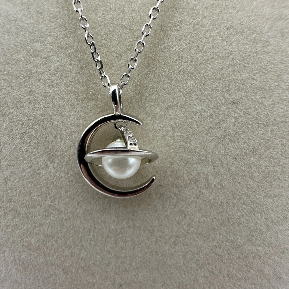 Elegant Silver Moon and Pearl Planet Pendant Necklace - Picture 1 of 7